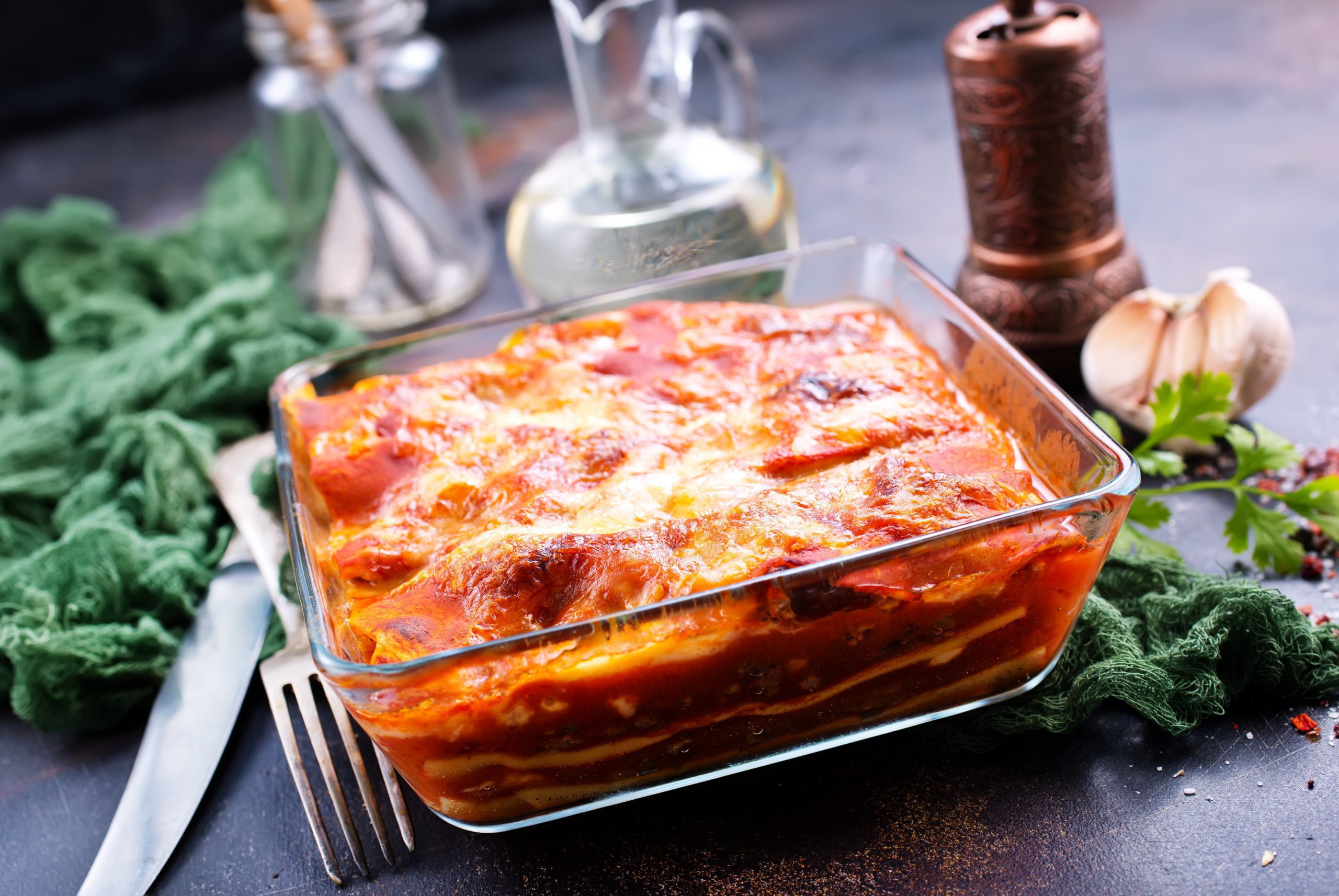 mexican lasagna in pan on table