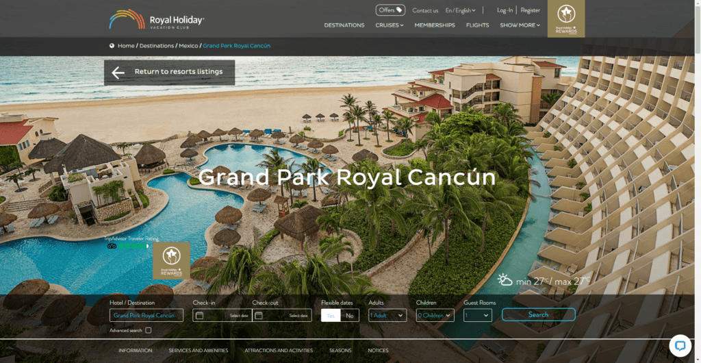 Grand Park Royal Cancún Royal Holiday Dream Vacations website