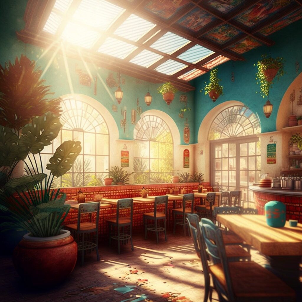 mexican cafe with_lots of natural teal theme with skylight interior design ideas