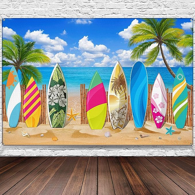 Beach Background Photo Props Surfboard Party Backdrop Tropical Beach Hawaiian Party Banner surfing decorations