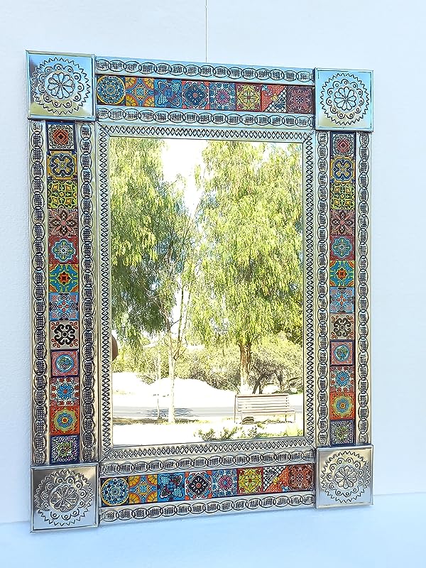 PUNCHED large mexican TIN MIRRORs with mixed talavera tile folk art wall decoration