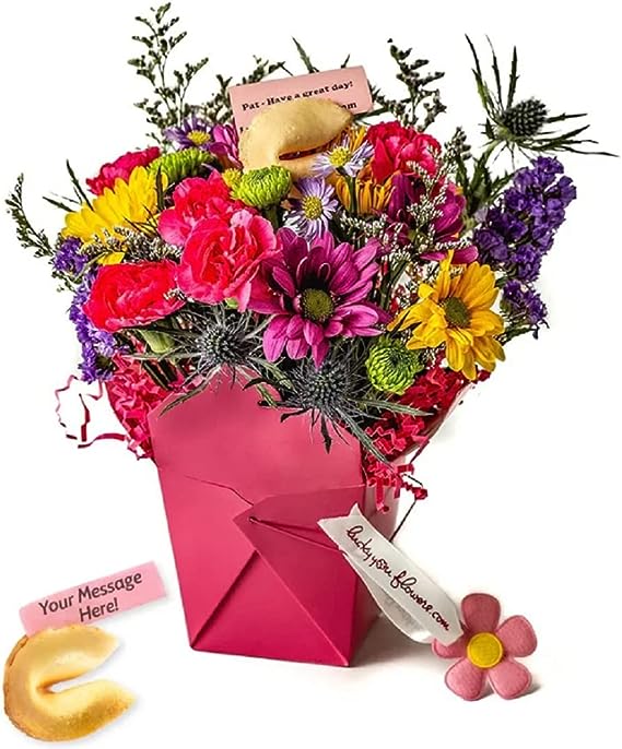 Pretty In Pink Fresh Cut Live Flowers Arranged in a Takeout Container with your Personal Message Tucked Inside a Fortune Cookie flower delivery in mexico city