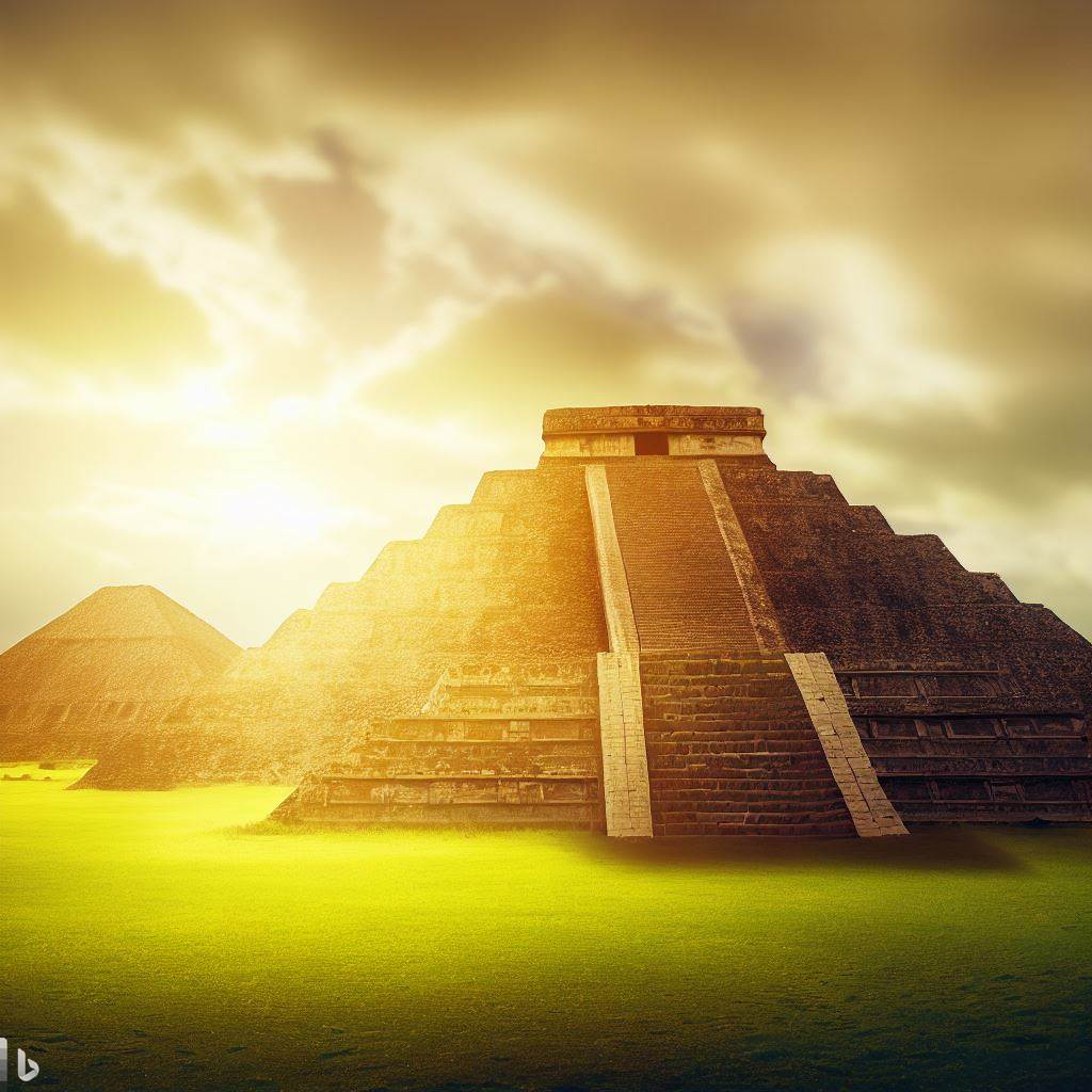 mesoamerican pyramids mexico with sun painting